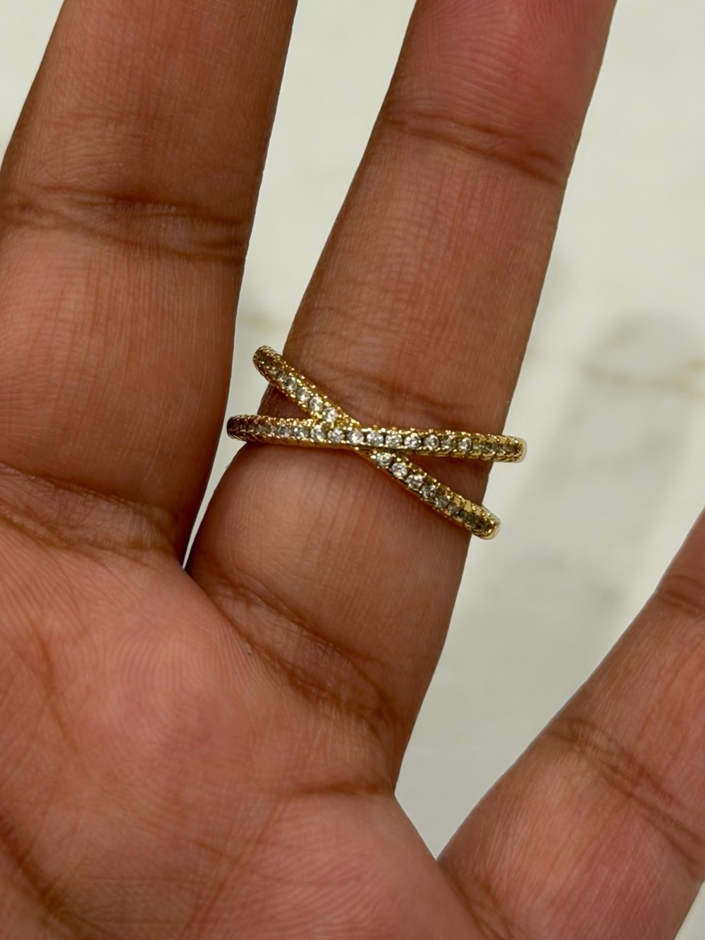 Gold Criss Cross Pavé Crystal Statement Ring Size 7